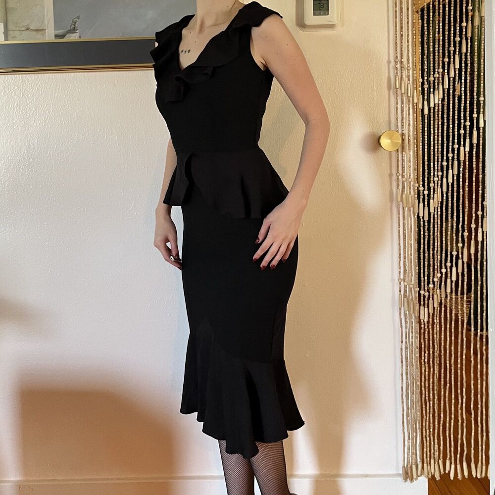 Stop Staring Black Bombshell Wiggle Dress Size M V-Neck Peplum Flutter Neckline
